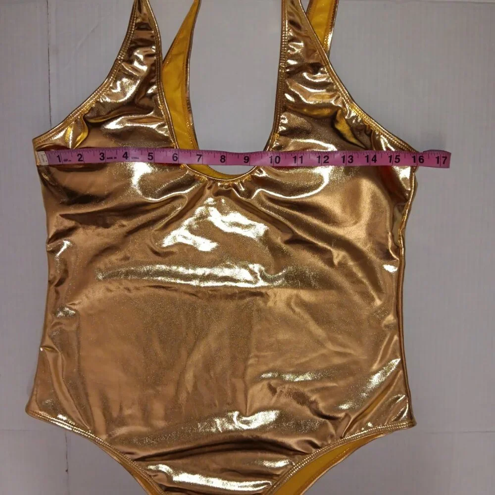 METALLIC GOLD PADDED CUPS ONE PIECE SWIMSUIT - Picture 8 of 12